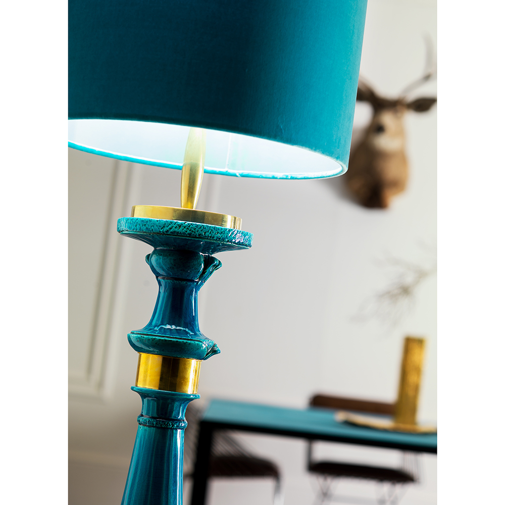 Hand engraved and glazed majolica lamp with natural brass details Velvet lampshade